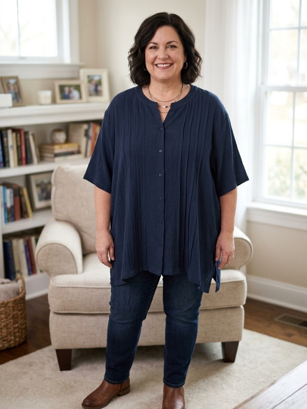 Navy Button-Front Pleated Tunic Top
